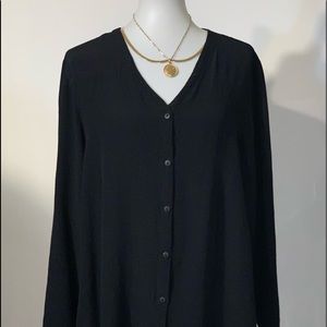 Eileen Fisher Black Rayon Tunic Long  Sleeve Button Down V Neck